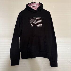Women’s Black V-Neck Style Hoodie Sweater with Pink Flag Detail